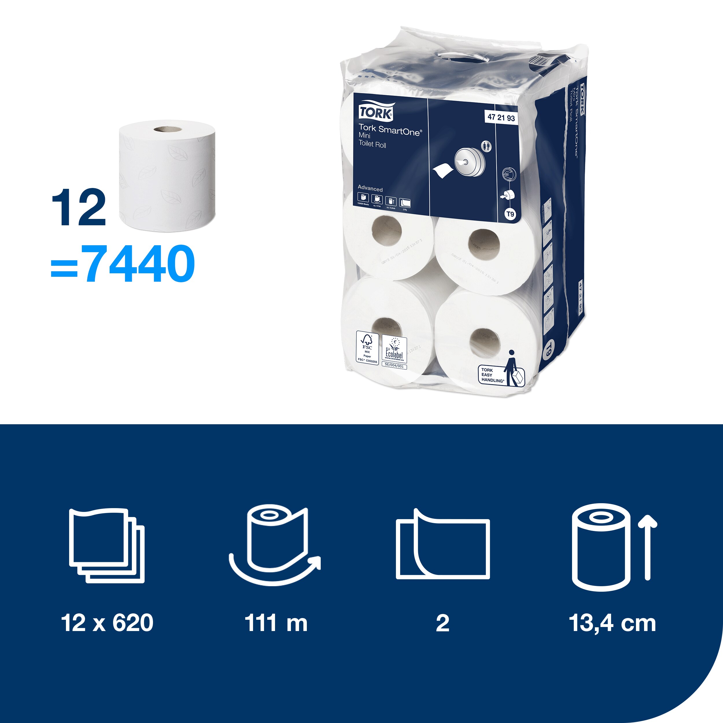 Toaletní papír SmartOne MINI 2vrstvý, návin 111 m, bílý.