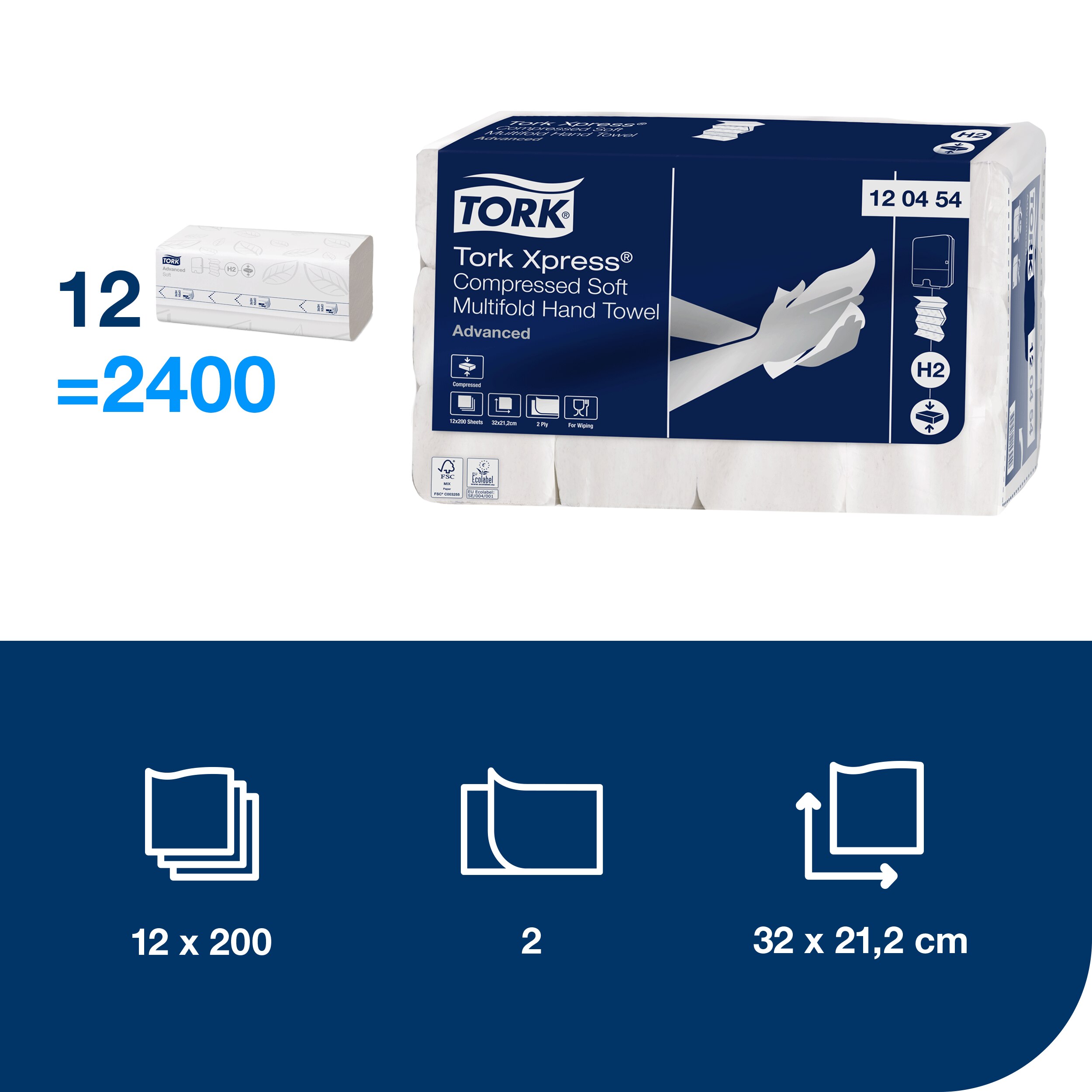 Papírové ručníky Advanced, 2vrstvé jemné, H2, 200 útržků, 21,2 x 32 cm
