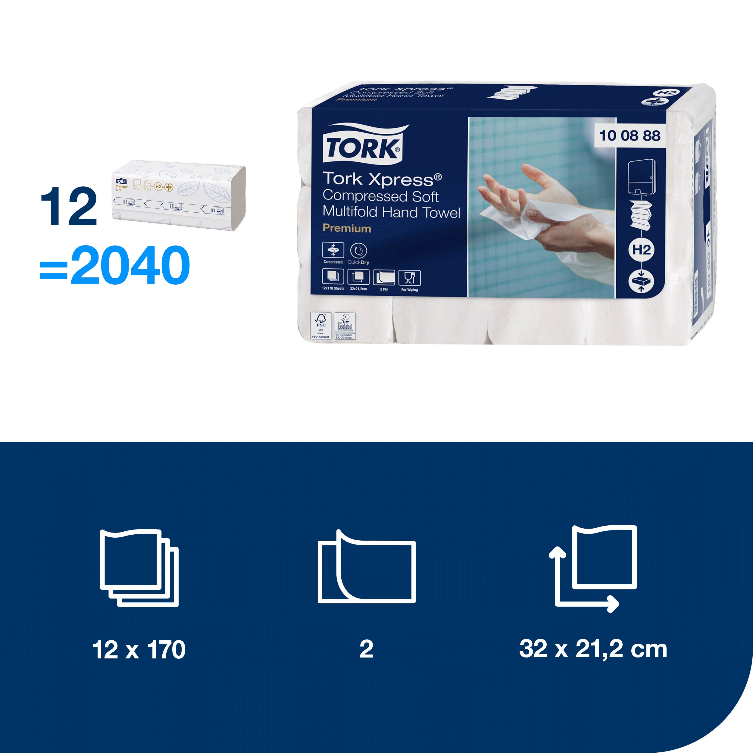 Papírové ručníky  Tork Xpress Multifold Premium 2vrstvé H2, 170 útržků, 21,2 x 32 cm.