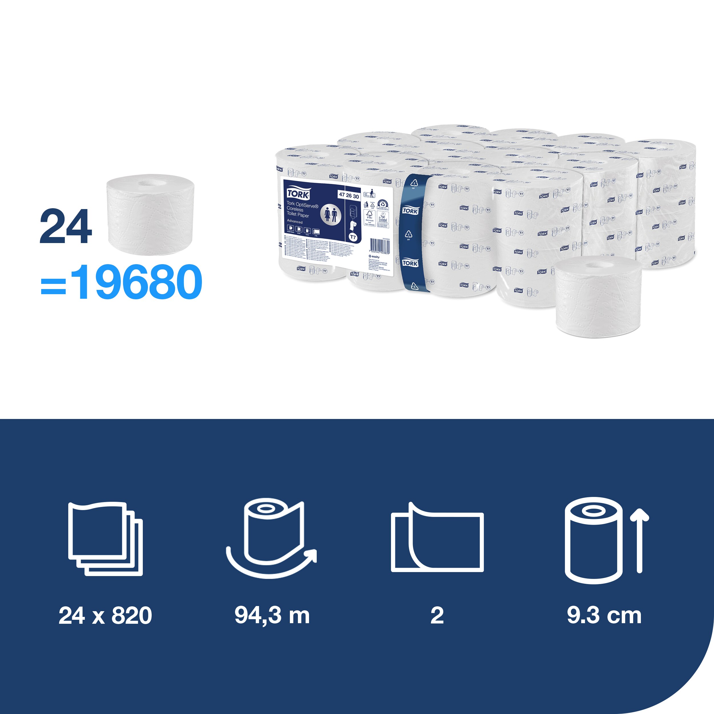 Toaletní papír OptiServe®, bezdutinkový, 2vrstvý., 820 út., bílý, šíře 93 mm, návin 94,3 m