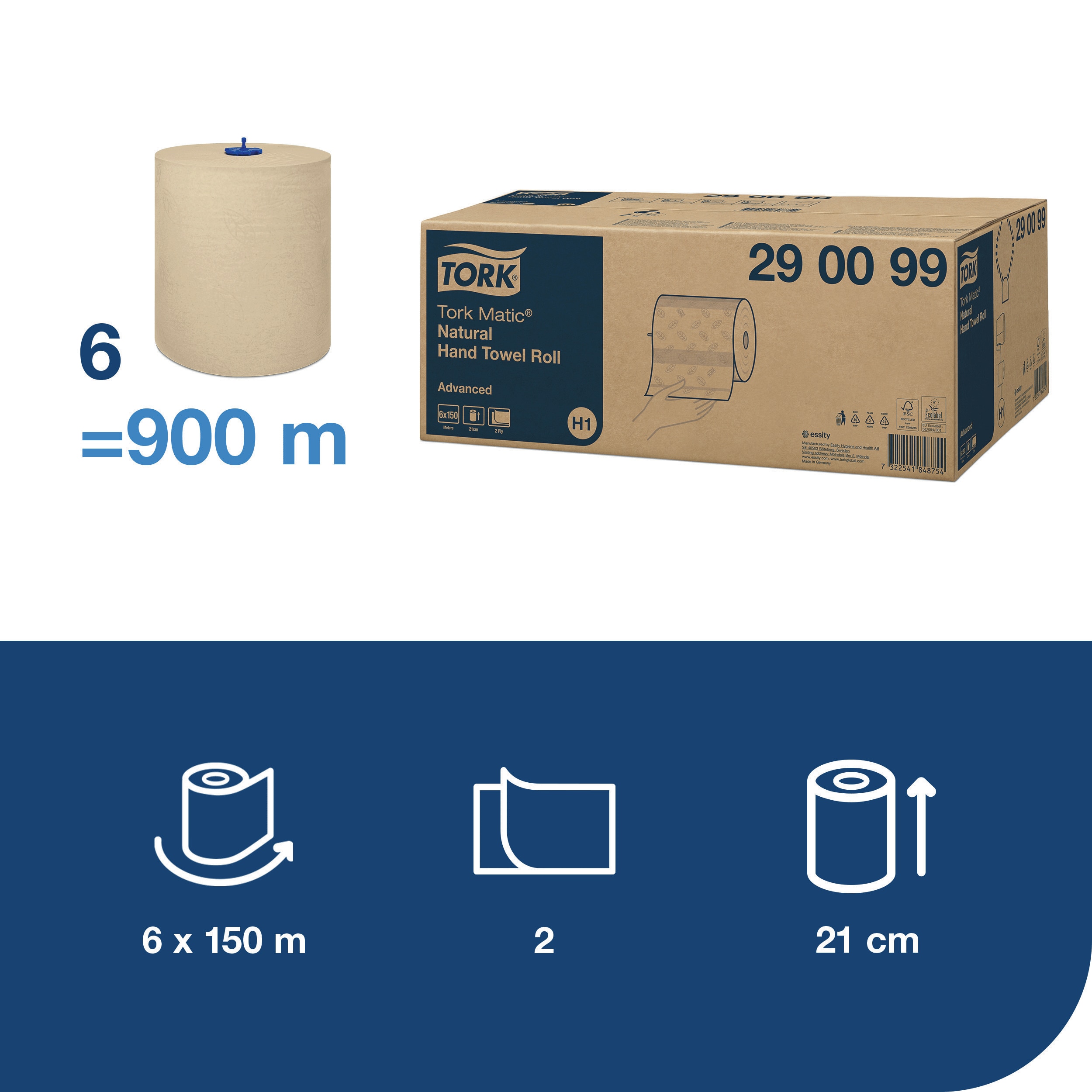 Papírové ručníky v roli MATIC Advanced 2-vr., H1, 19 cm, 150 m, natural