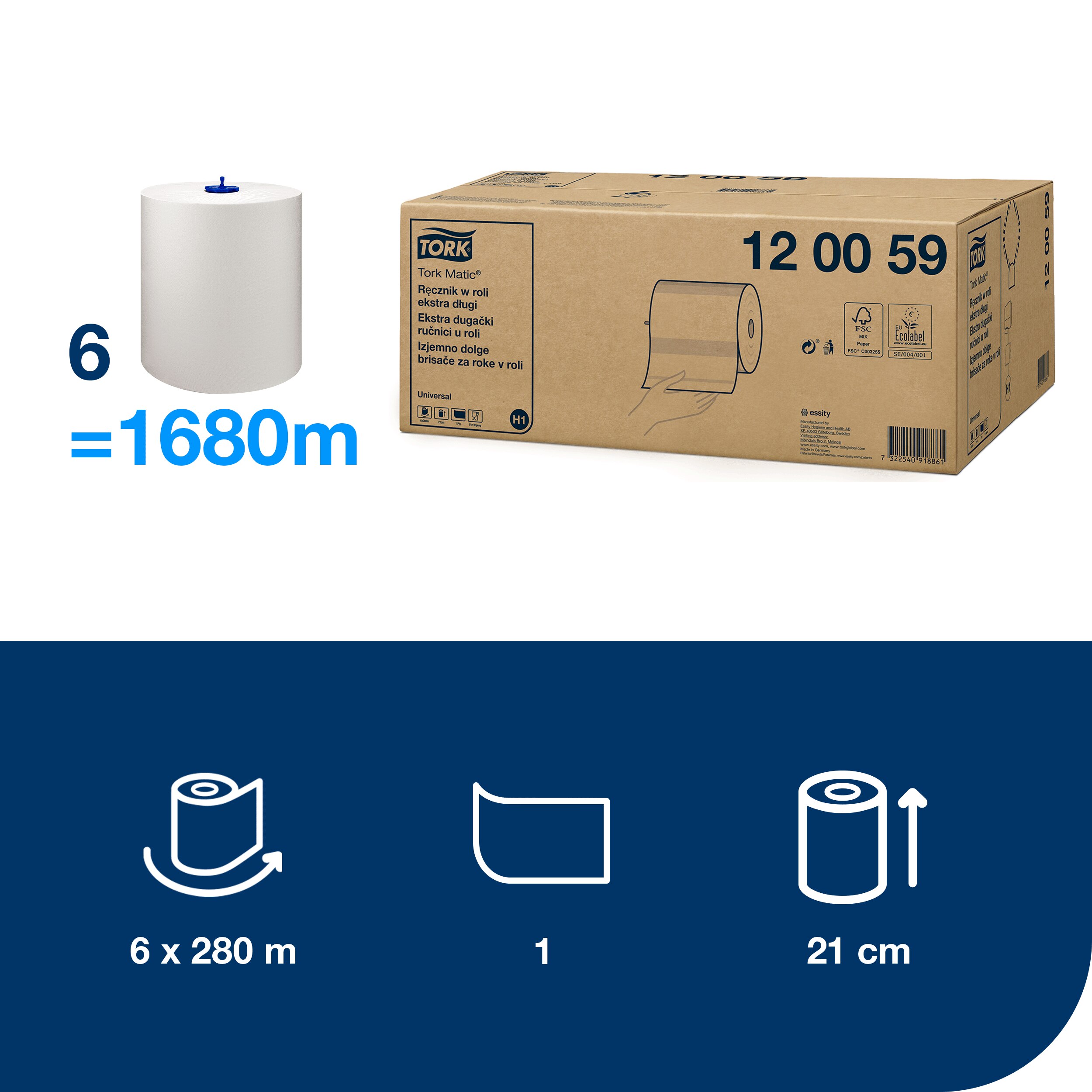 Papírové ručníky Tork Matic – extra dlouhá role Universal, 1vr., H1, 21 cm / 280 m, 1120 útržků, bílé