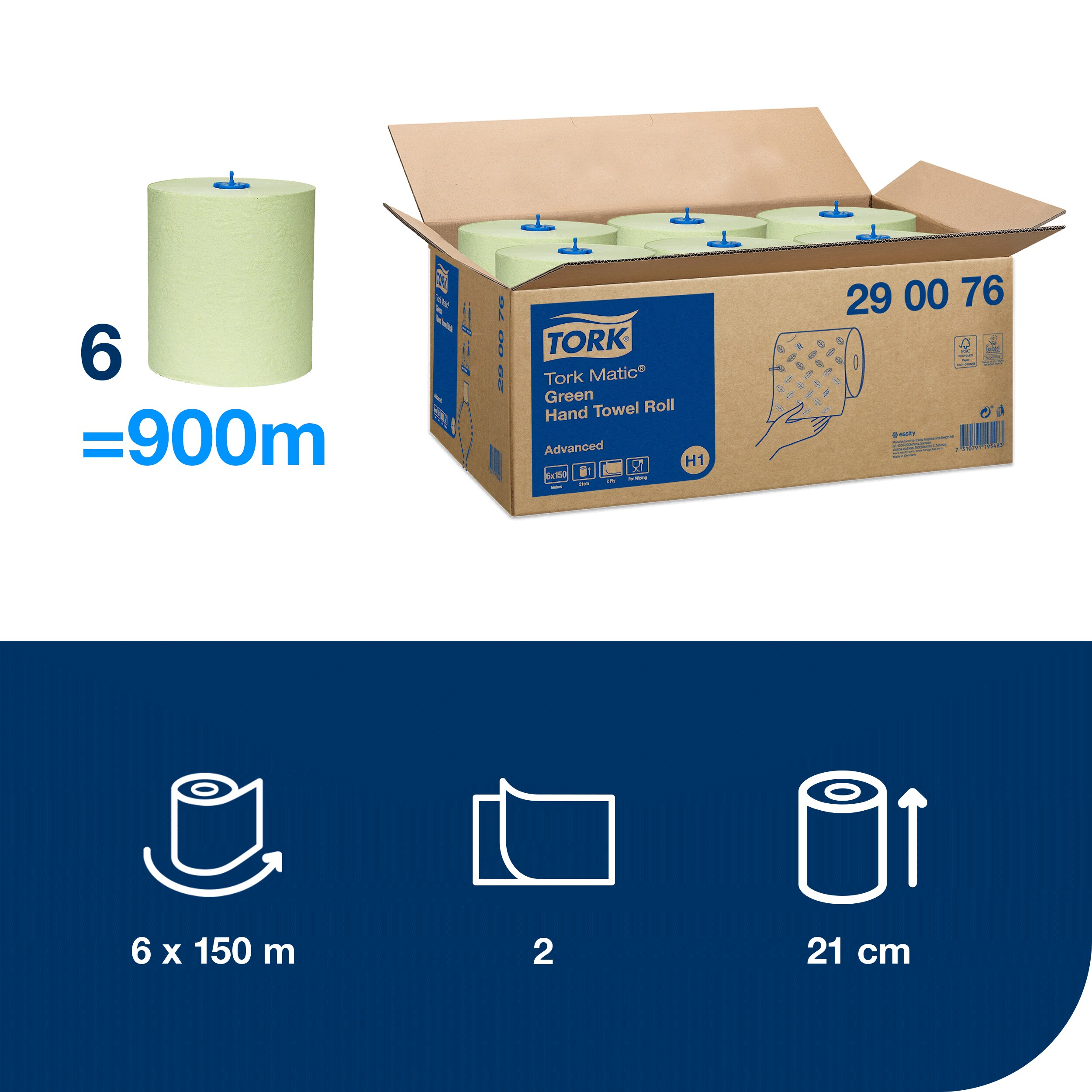 Papírové ručníky Tork Matic Advancedv roli, 2vr., H1, 19 cm / 150 m, 600 útržků, zelené