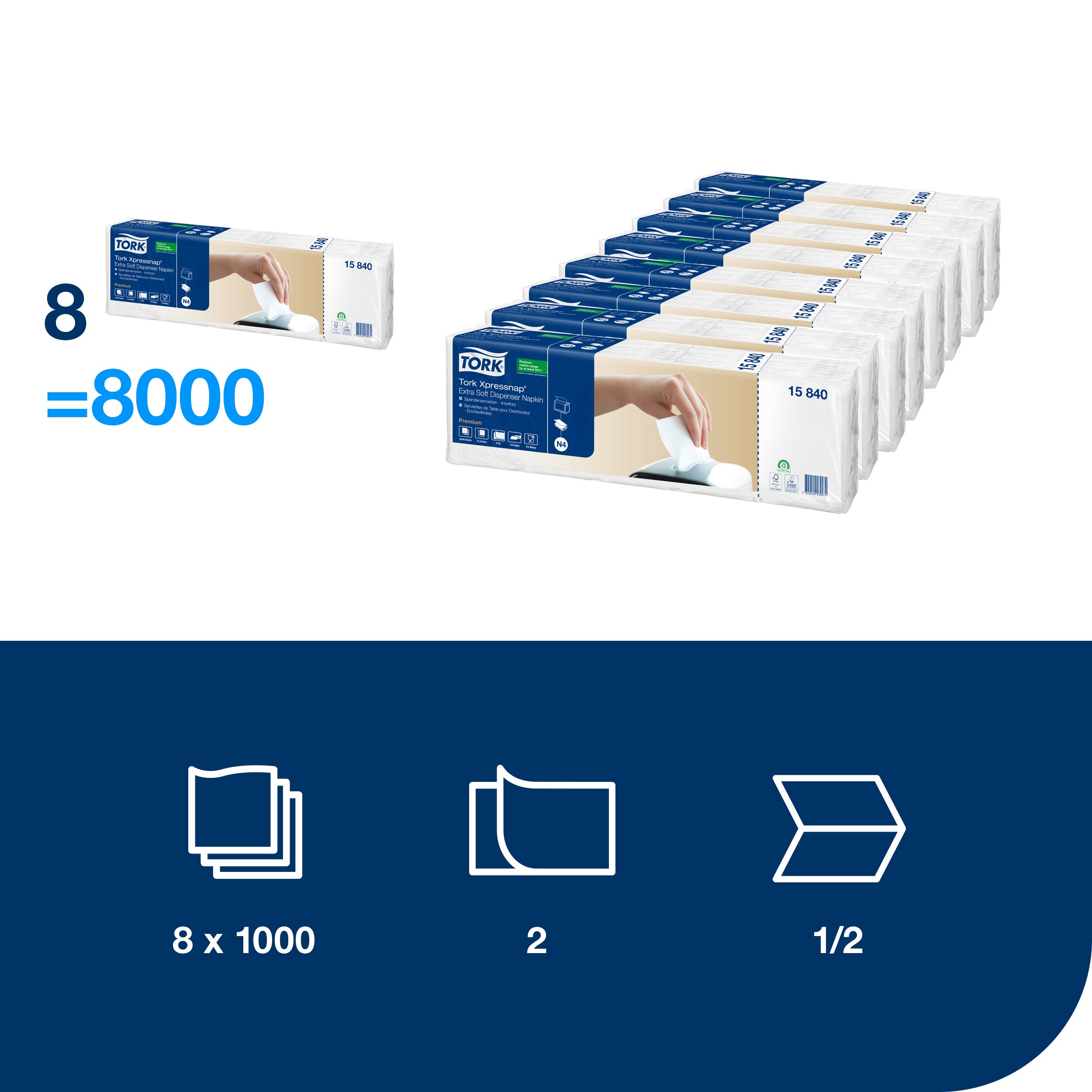 Ubrousky do zásobníku Tork Xpressnap, 21,6 x 33 cm, 2-vr., N4, bílé, 500 ks