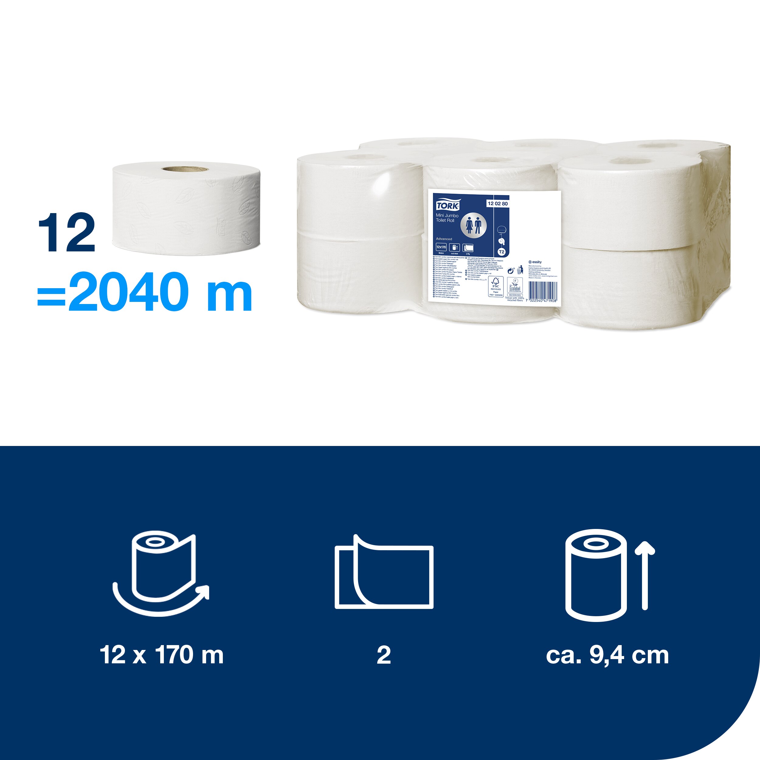 Toaletní papír JUMBO 2vrstvý, návin 170, bílý.