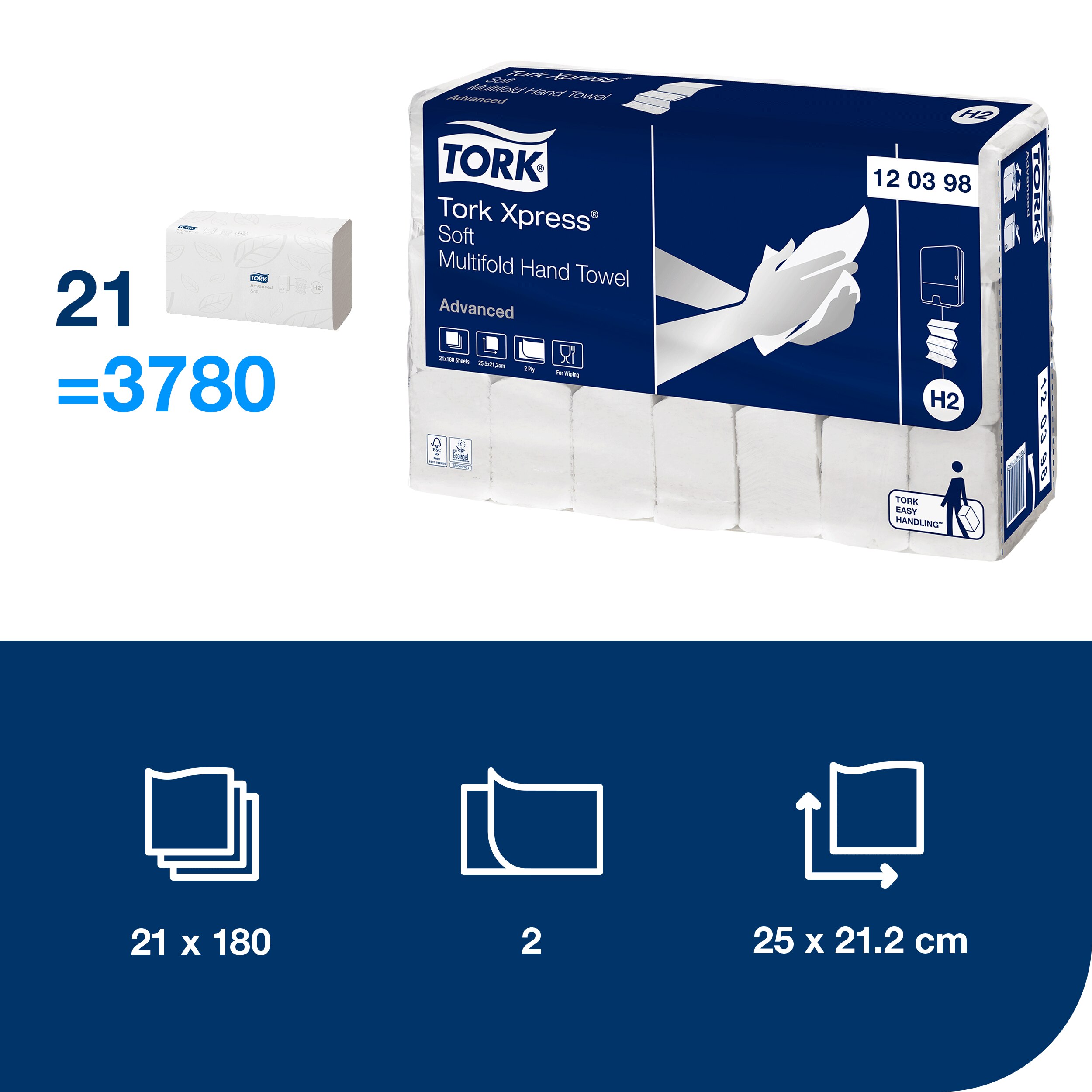 Papírové ručníky Tork Xpress Multifold Advanced 2-vr., H2, 180 útr., 21,2 x 25,5cm