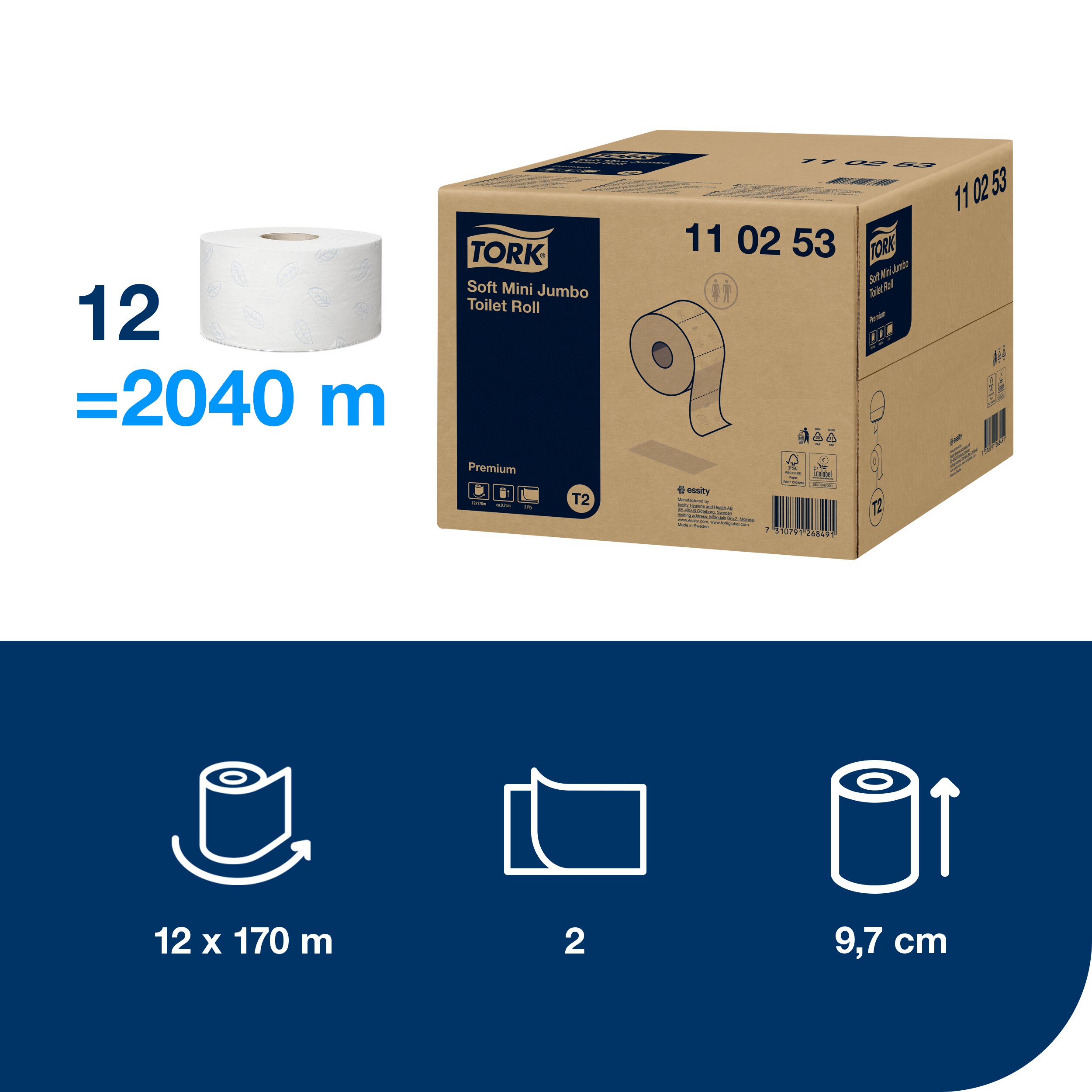 Toaletní papír JUMBO Premium MINI  2vrstvý, návin 170m,počet útržků 850,barva bílá,