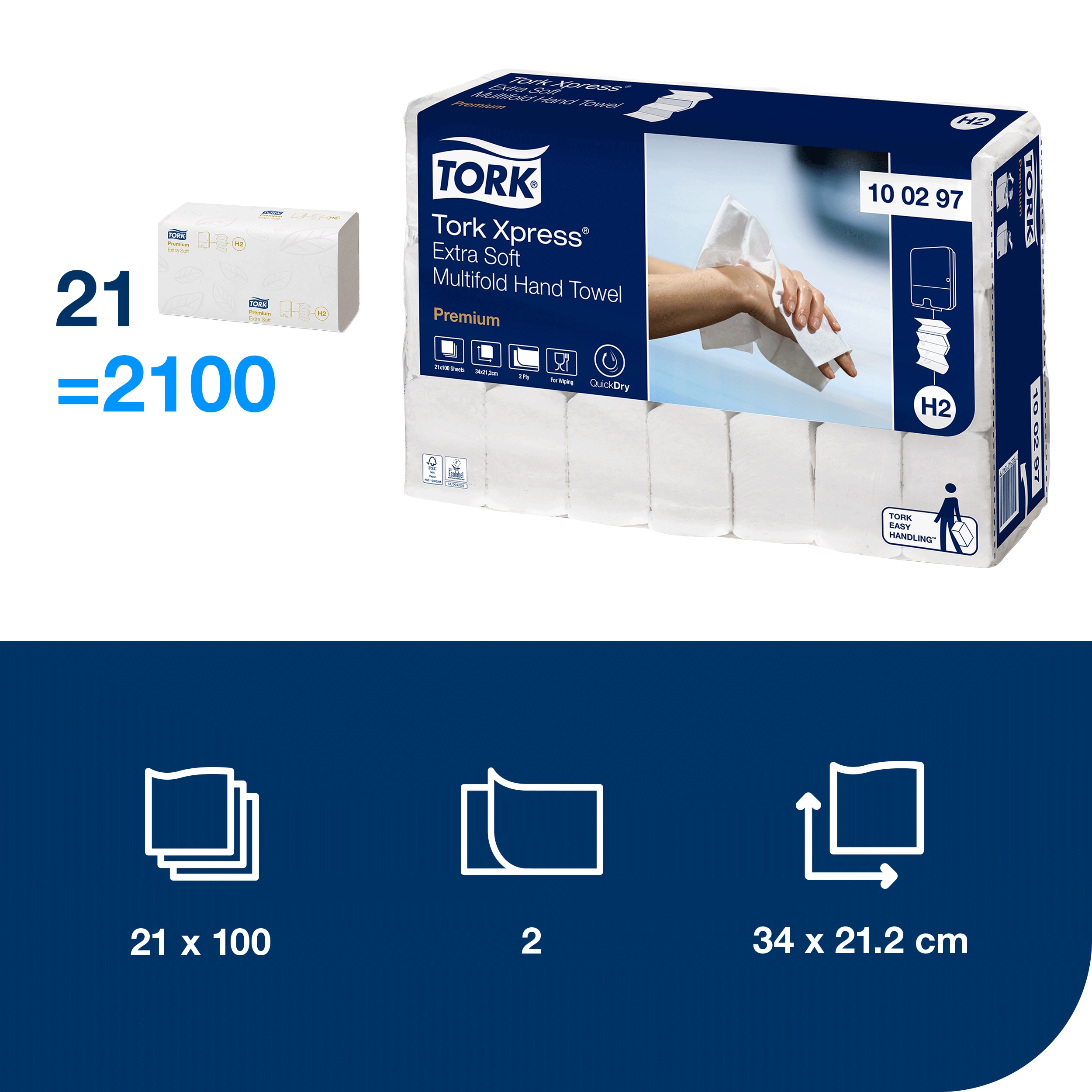 Papírové ručníky Tork Xpress extra jemné Multifold Premium 2-vr. H2, 100 útr., 21,2  x 34 cm