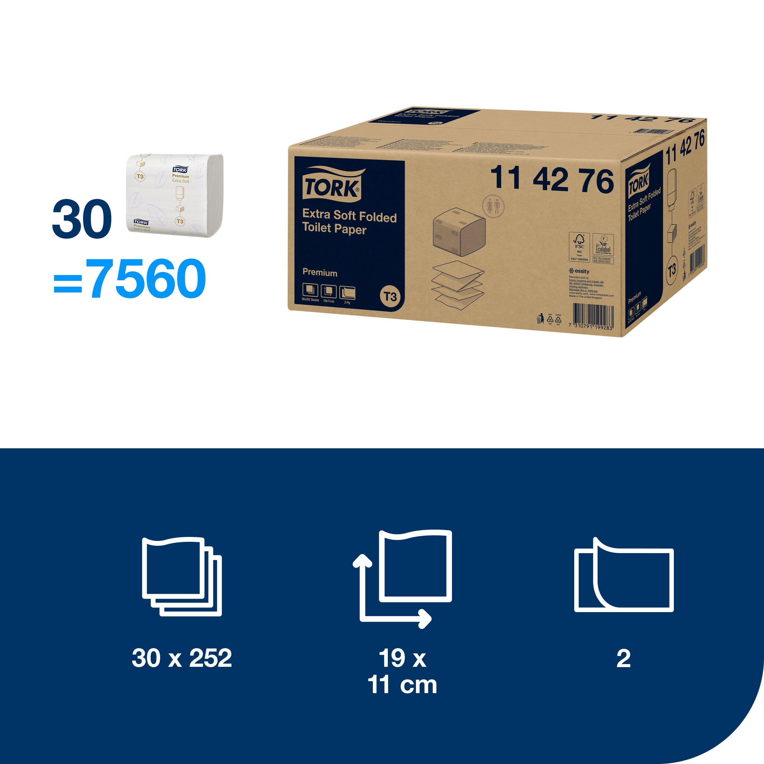 Toaletní papír FOLDET Premium T3, skládaný, 2-vrstvý, bílý.