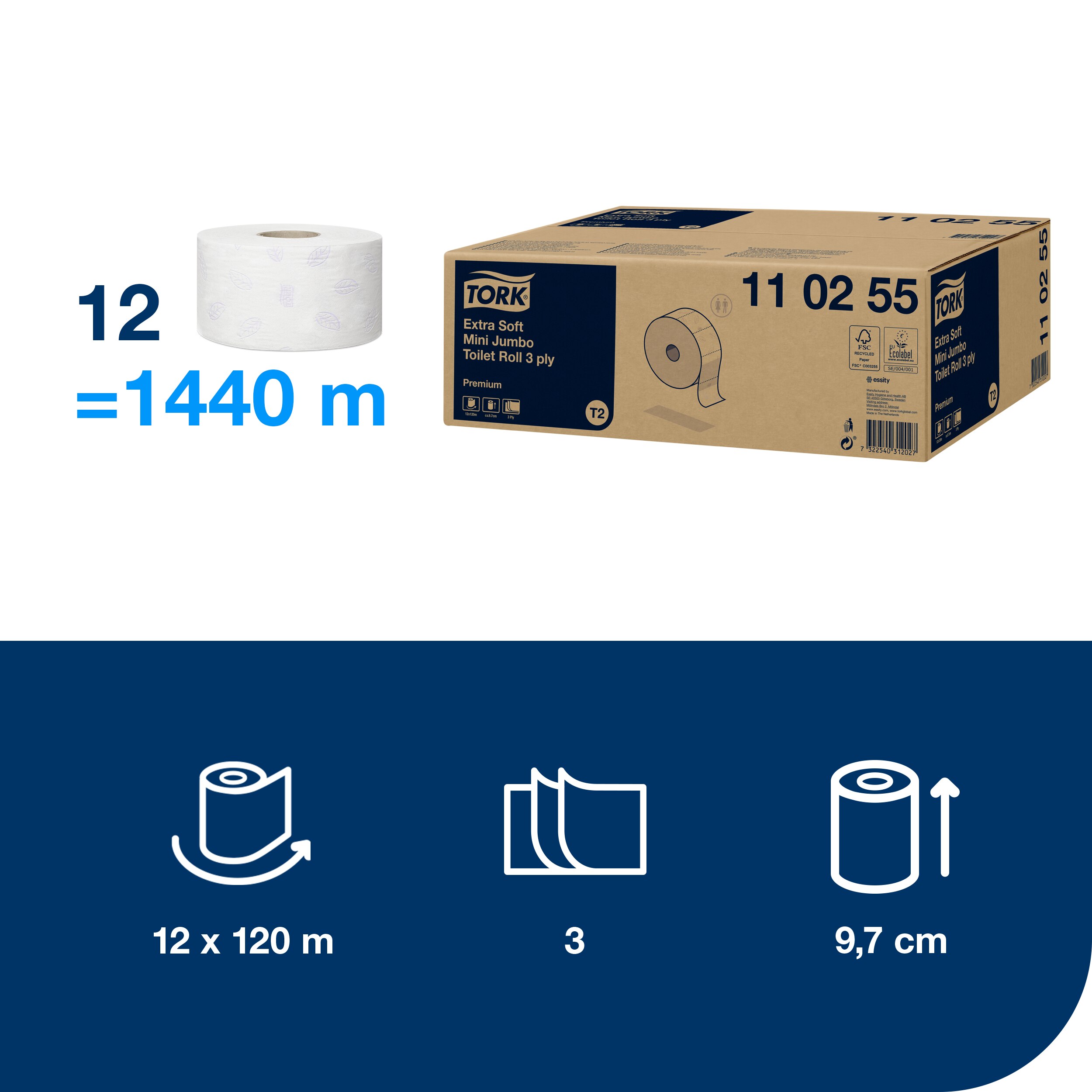 Toaletní papír JUMBO MINI Premium 3vrstvý, návin 120 m, bílý
