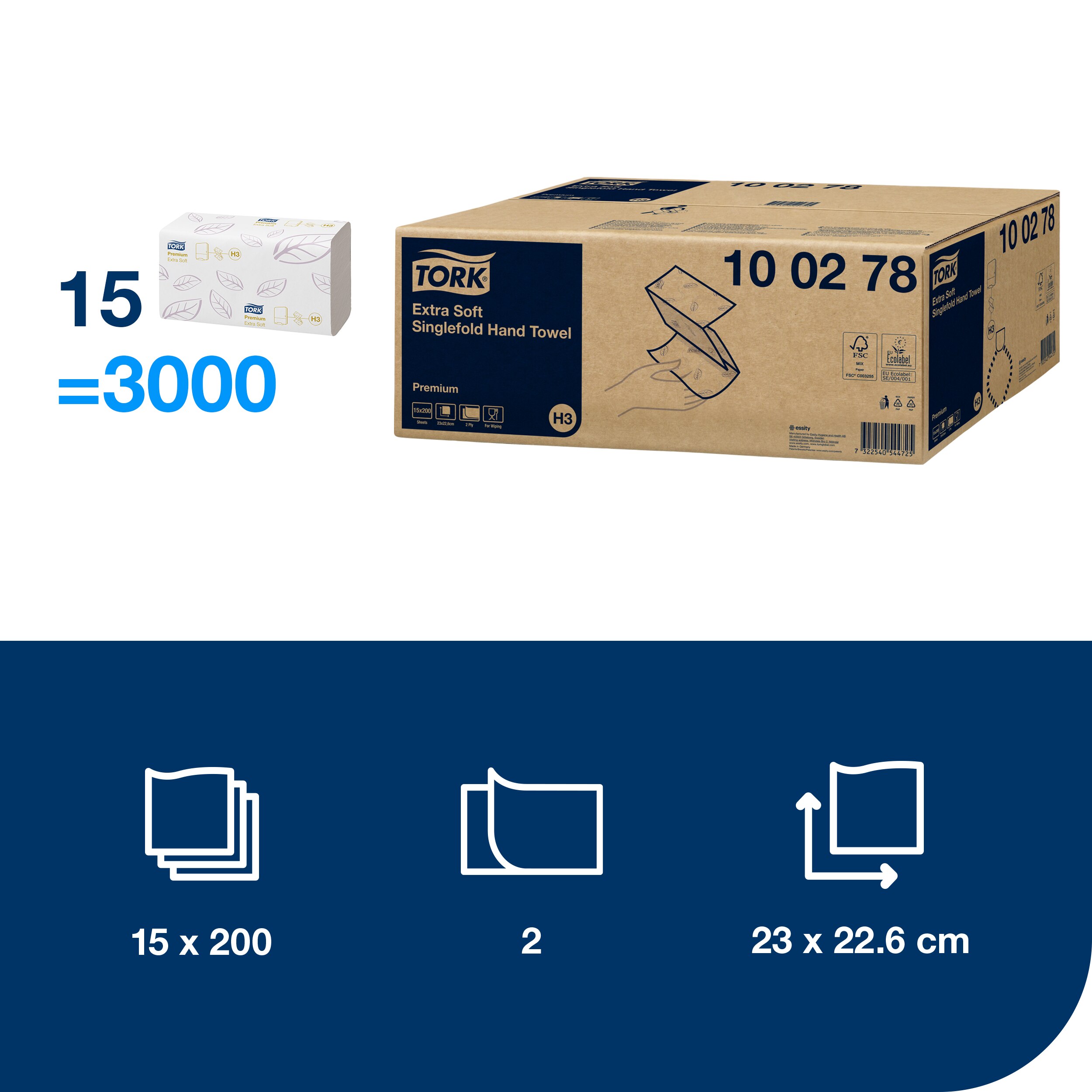 Papírové ručníky Singlefold extra jemné Premium 2-vr., H3, 22,6 x 23 cm, 200 útr., bílé