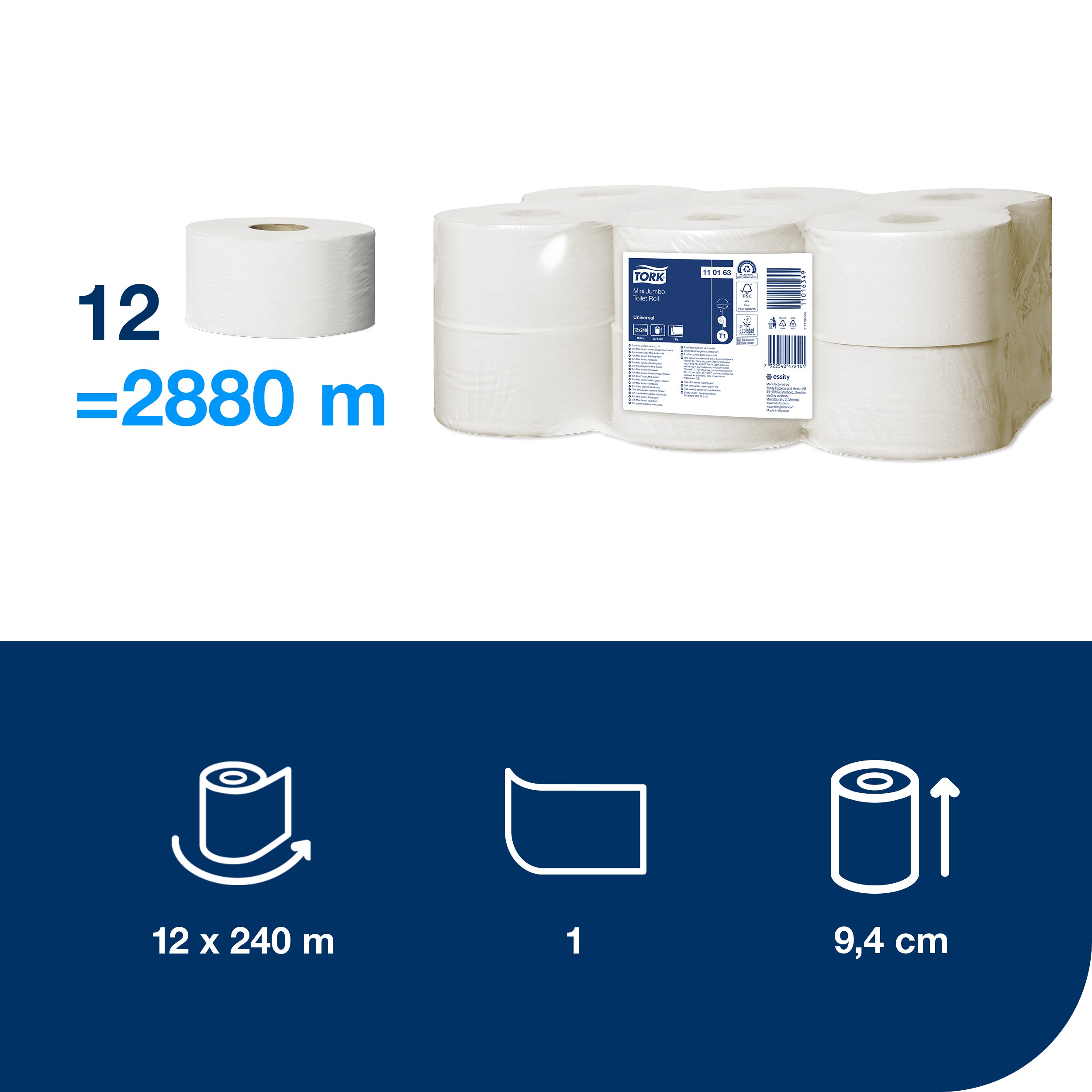 Toaletní papír JUMBO, T2, 1vrstvý, 188 mm, šíře 9,7 cm, délka 240 m, bílý