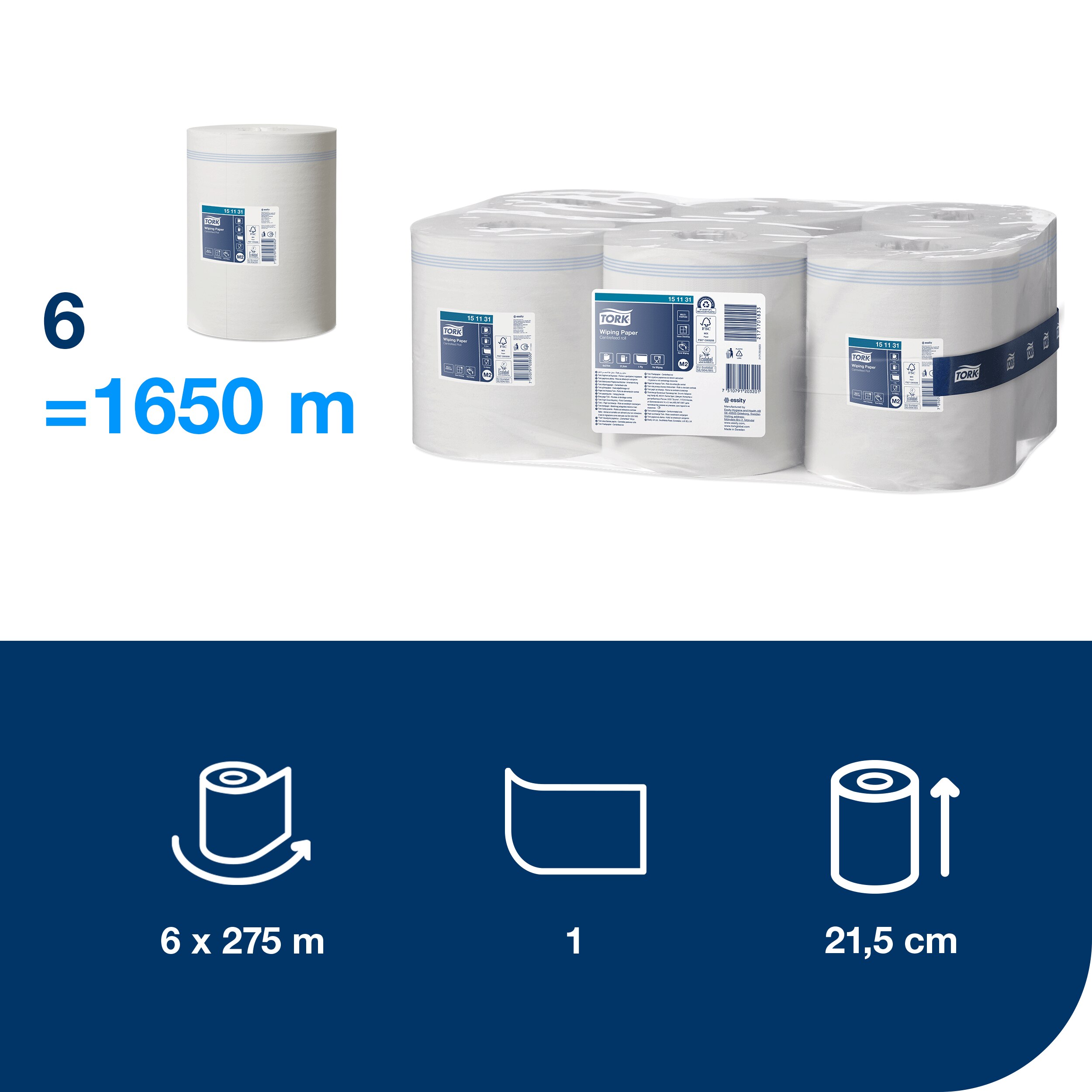 Tork papírová utěrka v roli se středovým odvíjením 1-vr., 19 cm / 275 m, M2, bílá