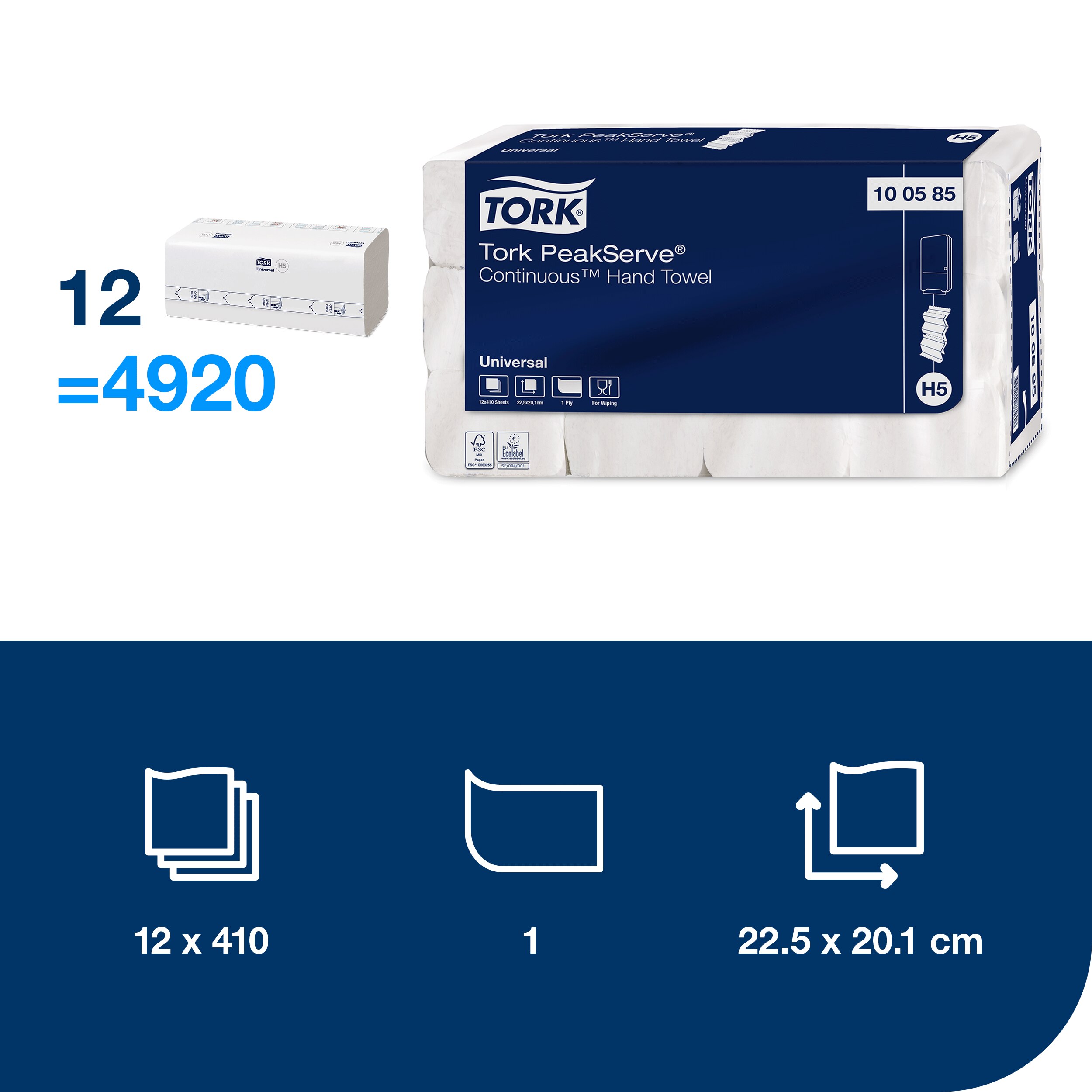 Papírové ručníky PeakServe, 1-vr., H5, 20,1 x 22,5cm, 12 x 410 ks = 4.920 ks útr., bílé