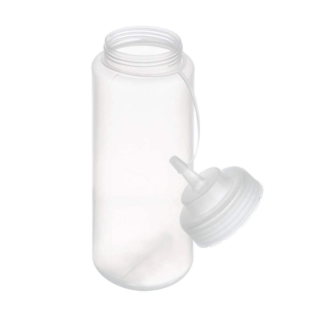 láhev dávkovací polyethylen, transparentní, pr. 8 cm, v. 26,5 cm, 1.025 ml