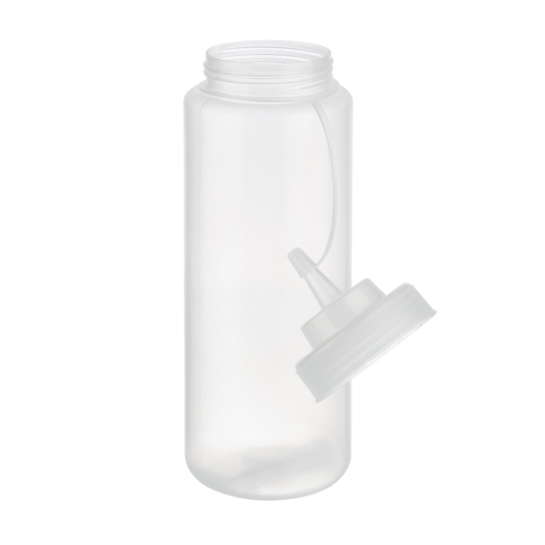 láhev dávkovací polyethylen, transparentní, pr. 8 cm, v. 26,5 cm, 1.025 ml