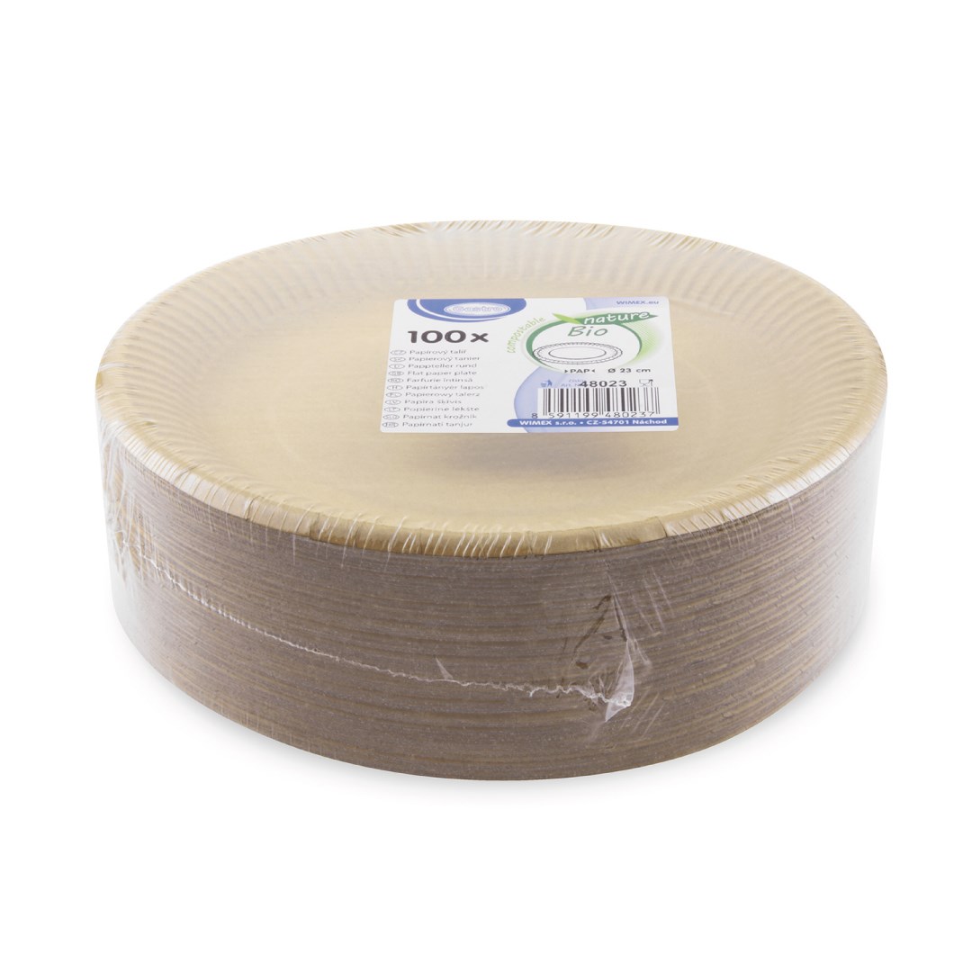 Papírový talíř mělký, hnědý O 23 cm, nepromastitelný 100 ks